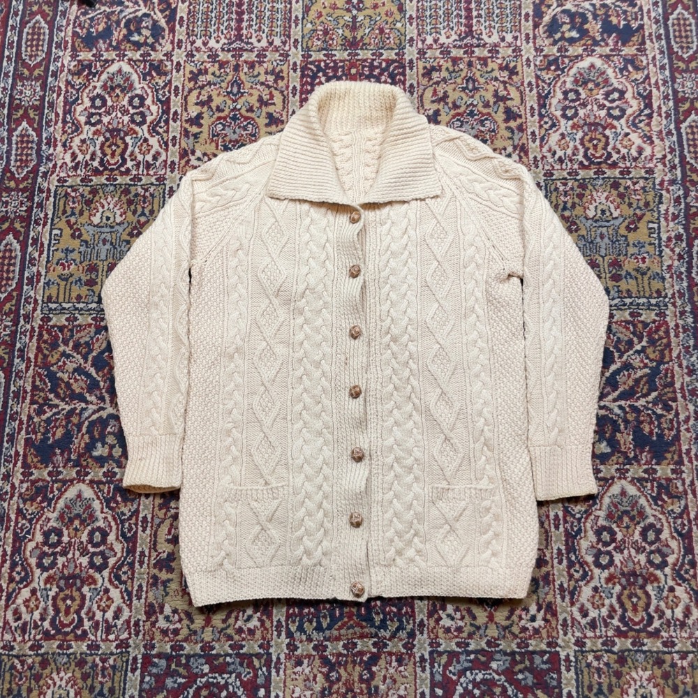 VTG 60s Hand Knit Cream Wool Aran Cable Pocket Cardigan Sweater Collar Tan L USA